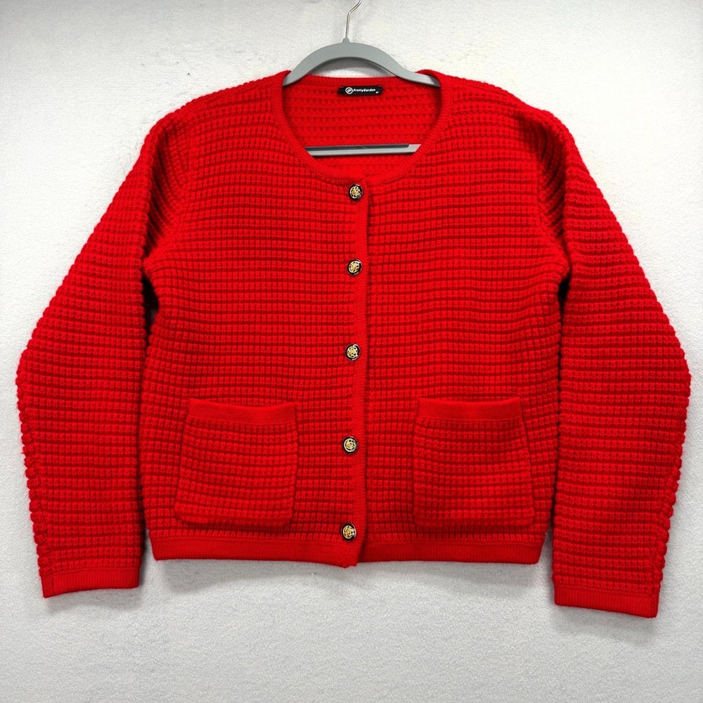PrettyGarden Cardigan Sweater Womens Medium Red Chunky Knit Acrylic Button Front